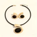 Exquisite fashion geometric spiral pendant necklace and earrings set with black stone detail. - Wax Cord Spiral Black Gold Necklace And Ear Studs Set