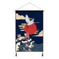 Tapisserie murale en tissu style ukiyoe japonais avec grue et vagues pour la maison. - Grue Blanche en Vol / 45x65cm