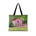 Borsa shopper in tela d'arte casa rosa vintage, grande borsa a spalla casual donna. - Cotone Lino Stampa Fronte-Retro + Cerniera + Tasca Interna / Illustrazione Giapponese Orizzontale 02 (Cinturino Nero)
