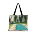 Borsa di tela con illustrazione di piscina vintage, elegante borsa a tracolla. - Cotone Lino Stampa Fronte-Retro + Cerniera + Tasca Interna / Illustrazione Giapponese Orizzontale 03 (Cinturino Nero)