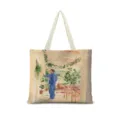 Vista dettagliata della borsa in tela artistica con illustrazione botanica retrò e manici resistenti. - Cotone Lino Stampa Fronte-Retro + Cerniera + Tasca Interna / Illustrazione Giapponese Orizzontale 04 (Cinturino Beige)