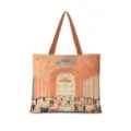 Vue détaillée du sac cabas en toile avec illustration de palais vintage et anses marron. - Coton Lin Impression Double Face + Fermeture Eclair + Poche Intérieure / Illustration Japonaise Horizontale 05 (Sangle Brune)