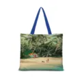 Vue détaillée du sac cabas en toile avec illustration de plage et anses de couleur bleue. - Coton Lin Impression Double Face + Fermeture Eclair + Poche Intérieure / Illustration Japonaise Horizontale 06 (Sangle Bleue)