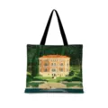 Vue détaillée du sac cabas en toile avec impression artistique de villa vintage, tissu clair. - Coton Lin Impression Double Face + Fermeture Eclair + Poche Intérieure / Illustration Japonaise Horizontale 08 (Sangle Noire)