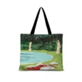Détail du sac en toile avec illustration artistique vintage et motif de piscine rétro. - Coton Lin Impression Double Face + Fermeture Eclair + Poche Intérieure / Illustration Japonaise Horizontale 10 (Sangle Noire)