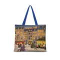 Sac cabas en toile avec illustration rue hiver vintage, élégant grand sac à main. - Coton Lin Impression Double Face + Fermeture Eclair + Poche Intérieure / Illustration Japonaise Horizontale 12 (Sangle Bleue)