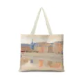 Gros plan détaillé du sac cabas en toile avec illustration artistique de ville résistante. - Coton Lin Impression Double Face + Fermeture Eclair + Poche Intérieure / Illustration Japonaise Horizontale 13 (Sangle Beige)