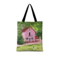 Gros plan sur le sac cabas en toile avec une illustration rétro japonaise d'une maison rose. - Coton Lin Impression Double Face + Fermeture Eclair + Poche Intérieure / Illustration Japonaise Verticale 02 (Sangle Noire)