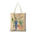 Gros plan sur l'impression d'illustration japonaise vintage sur le grand sac cabas en toile. - Coton Lin Impression Double Face + Fermeture Eclair + Poche Intérieure / Illustration Japonaise Verticale 04 (Sangle Beige)