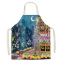 Detailed shot of cotton linen kitchen apron featuring New York night city illustration print. - Warm Winter Light 5