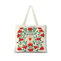Gros plan détaillé du sac cabas en toile avec un motif imprimé floral et cœur artistique. - Romantisme Horizontal 02 - Sangle Beig
