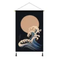 Tenture murale japonaise Ukiyo-e avec lune et vagues, art suspendu en tissu avec tige en bois. - Vague et Lune / 45x65cm