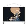Belle tenture murale style vague Ukiyo-e japonaise avec tige en bois et de beaux glands. - Vague et Lune / 65x45cm