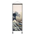 Tapisserie murale japonaise ukiyo-e grande vague rouleau suspendu avec tige en bois et glands. - Vagues Océaniques / 45x120cm