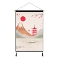 Tapisserie Murale Suspendue en Tissu Ukiyo-e Japonais Mont Fuji Soleil Rouge Variante - Pavillon Près de l'Eau / 45x65cm