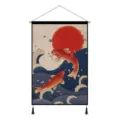 Tenture murale en tissu Ukiyo-e japonais avec baguette en bois et pompons de deco - Poissons Nageurs / 45x65cm