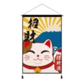Tapisserie murale en tissu style Ukiyo-e japonais avec chat chanceux et mont Fuji. - Bonne Fortune / 45x65cm