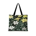 Grand sac cabas en toile botanique artistique avec un bel imprimé de lys jaunes et blancs. - Lys Ligne Horizontal 02 (Sangle Noire)