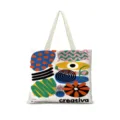 Gros plan sur le détail du sac cabas en toile avec impression d'art géométrique abstrait. - Horizontal 01 (Sangle Beige)