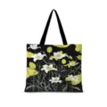 Détail de sac cabas en toile à imprimé lys artistique, sac bandoulière noir avec motif floral. - Lys Ligne Horizontal 04 (Sangle Noire)