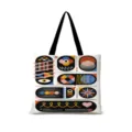 Vue détaillée du sac en toile présentant un imprimé d'art abstrait géométrique dopamine. - Horizontal 06 (Sangle Noire)