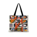 Détail du sac cabas en toile avec imprimé d'art géométrique, motif coloré, poignées. - Horizontal 07 (Sangle Noire)