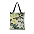 Détail de sac cabas en toile avec impression botanique de lys et élégant motif floral. - Lys Ligne Vertical 03 (Sangle Noire)