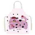 Close-up view of cute pink cat printed cotton linen kitchen apron with beige neck straps. - Beige Polka Dot Hat Cat