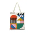Vue détaillée du sac cabas en toile à art géométrique dopamine, grand sac à épaule pratique. - Vertical 05 (Sangle Beige)