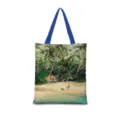 Sac cabas en toile style vintage avec impression artistique de plage, grand sac bleu - Coton Lin Impression Double Face + Fermeture Eclair + Poche Intérieure / Illustration Japonaise Verticale 06 (Sangle Bleue)