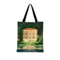 Sac cabas en toile avec impression artistique de villa, sac bandoulière pratique au quotidien. - Coton Lin Impression Double Face + Fermeture Eclair + Poche Intérieure / Illustration Japonaise Verticale 08 (Sangle Noire)