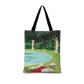 Sac cabas en toile avec illustration artistique vintage, grand sac porté épaule élégant. - Coton Lin Impression Double Face + Fermeture Eclair + Poche Intérieure / Illustration Japonaise Verticale 10 (Sangle Noire)