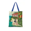 Vue rapprochée du sac cabas en toile artistique avec imprimé paysager et anses bleues. - Coton Lin Impression Double Face + Fermeture Eclair + Poche Intérieure / Illustration Japonaise Verticale 11 (Sangle Bleue)