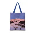 Sac cabas en toile avec illustration rétro de paysage de neige d'hiver, sac quotidien. - Coton Lin Impression Double Face + Fermeture Eclair + Poche Intérieure / Illustration Japonaise Verticale 14 (Sangle Bleue)