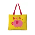 Sac cabas en toile jaune avec joli motif de cochon de dessin animé et bretelles rouges. - Zodiaque Horizontal 12 (Sangle Rouge)