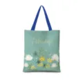 Vue détaillée d'un sac cabas en toile à fleurs vertes avec anses bleues et texte February. - Floral Aquarelle Vertical 02 Sangle Bleue