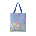 Vue détaillée du sac cabas en toile bleue avec joli imprimé floral et texte july. - Floral Aquarelle Vertical 07 Sangle Bleue