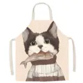 Bonito delantal de cocina sin mangas de lino y algodón con gato para cocinar y hogar. - 65x75cm (Lino de algodón grueso para adultos) / Gato y pez 3