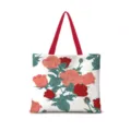 Detailansicht der weissen Canvas-Tragetasche mit rotem Rosen-Blumenmuster und roten Tragegriffen. - Baumwollleinen [Doppelseitiger Druck + Reißverschluss + Innentasche] / Handgemachte Rosen Blumen Horizontal 01 [Roter Gurt]