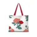Süße Rosen Blumen Leinwand Tasche stilvolle lässige Schulter Einkaufstasche für Frauen - Baumwollleinen [Doppelseitiger Druck + Reißverschluss + Innentasche] / Handgemachte Rosen Blumen Horizontal 02 [Roter Gurt]