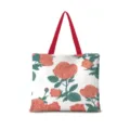 Vintage rote Rosen Canvas Tragetasche stilvolle lässige Schulter Einkauftasche Damen Alltag - Baumwollleinen [Doppelseitiger Druck + Reißverschluss + Innentasche] / Handgemachte Rosen Blumen Horizontal 06 [Roter Gurt]