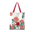Leinwand Tragetasche mit retro Rosenblüten Druck, lässige Schulter Einkaufstasche für Damen. - Baumwollleinen [Doppelseitiger Druck + Reißverschluss + Innentasche] / Handgemachte Rosen Blumen Vertikal 03 [Roter Gurt]