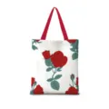 Nahaufnahme der ästhetischen Rosen-Leinwand-Tragetasche, niedliche Freizeittasche. - Baumwollleinen [Doppelseitiger Druck + Reißverschluss + Innentasche] / Handgemachte Rosen Blumen Vertikal 04 [Roter Gurt]
