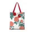 Detailansicht der Segeltuchtasche mit einem künstlerischen roten Rosenmuster-Design. - Baumwollleinen [Doppelseitiger Druck + Reißverschluss + Innentasche] / Handgemachte Rosen Blumen Vertikal 08 [Roter Gurt]