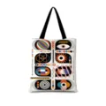 Gros plan du sac cabas en toile avec impression d'art géométrique abstrait dopamine vibrant. - Vertical 18 (Sangle Noire)