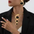 Gold-tone metal spiral statement choker necklace and matching stud earrings jewelry set. - Triple Spiral Golden Collar Set