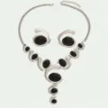 Vintage retro silver-tone metal oval spiral earrings and Y-shaped necklace jewelry set. - Silver Gray