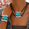 Boho turquoise pendant necklace bracelet set retro black cord jewelry for women daily wear - Simulated Turquoise and Silver Gray