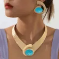 1 set retro exaggerated gold tone chunky necklace and turquoise acrylic earrings for women - Turquoise