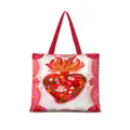 Détail de sac cabas en toile imprimé cœur sacré, avec anses rouges et illustration artistique. - Romantisme Horizontal 08 - Sangle Rouge